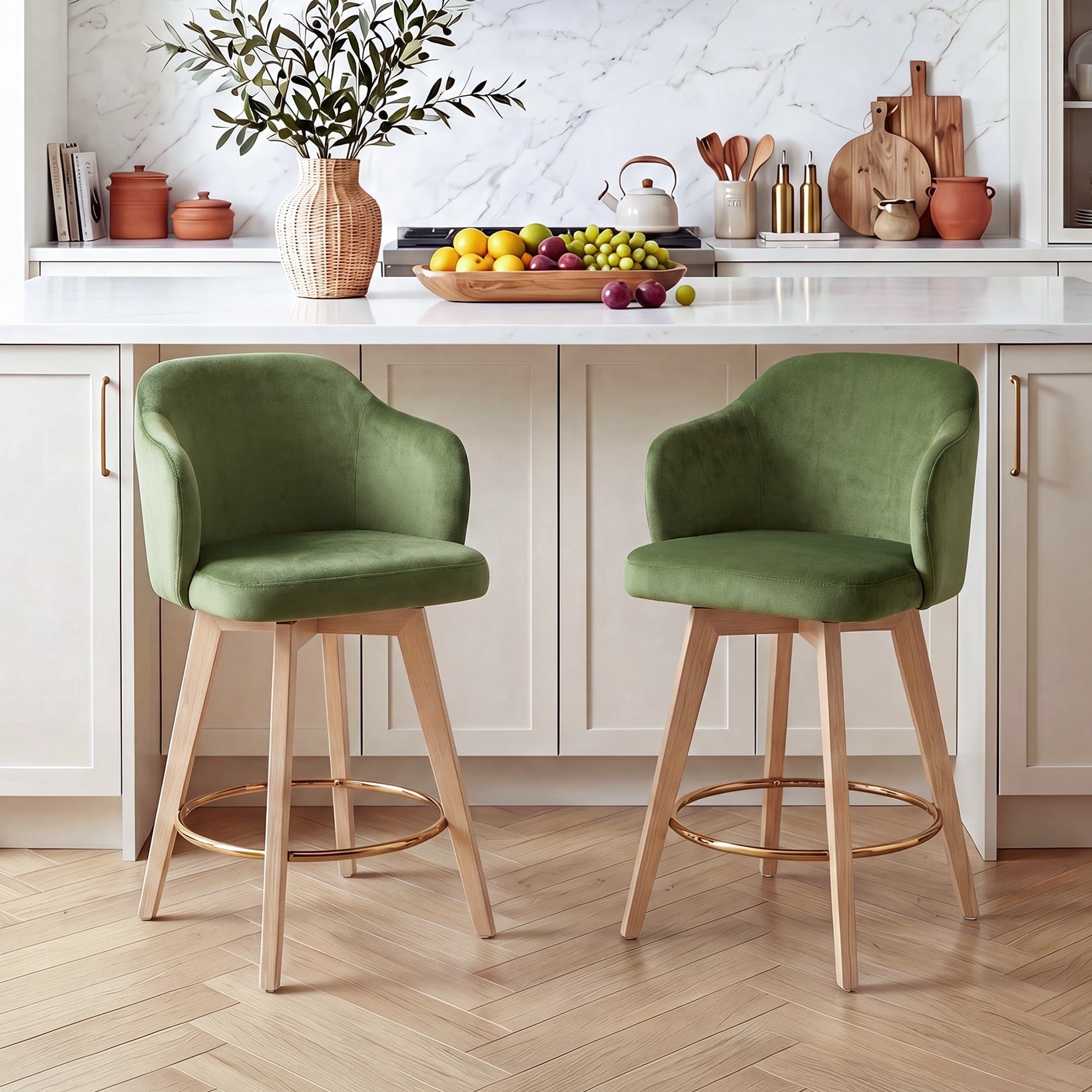 Zesthouse 27" Swivel Bar Stools Set of 2, Wooden Counter Height Barstools with Arms & Full Back, Upholstered Velvet with Solid Wood Legs, High Chair for Kitchen Island, Olive Green