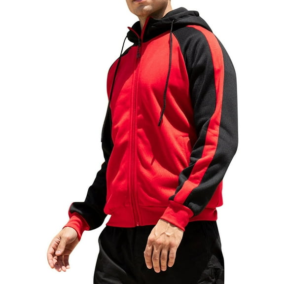 HOOMEUMY Mens Hooded Padded Jacket Raglan Sleeve Clothes Fashion 2025 Trendy Colorblocked Coat Stand Collar Jacket Loose Fit Design Casual Workout Red XL