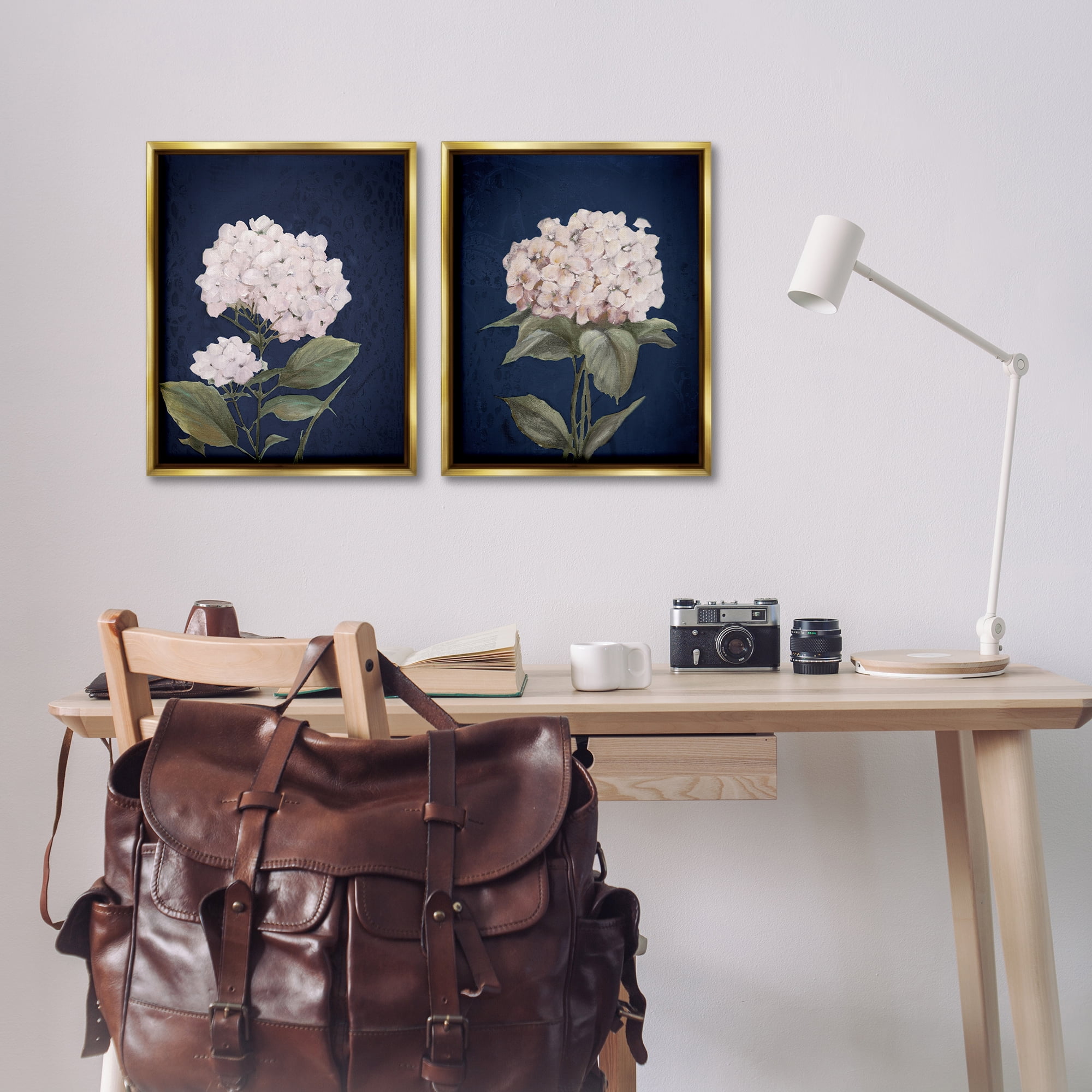 Stupell Industries Hydrangea Flower on Blue Plants & Flowers Painting Gold Floater Framed Canvas Art Print Wall Art, 17 x 21, Set of 2