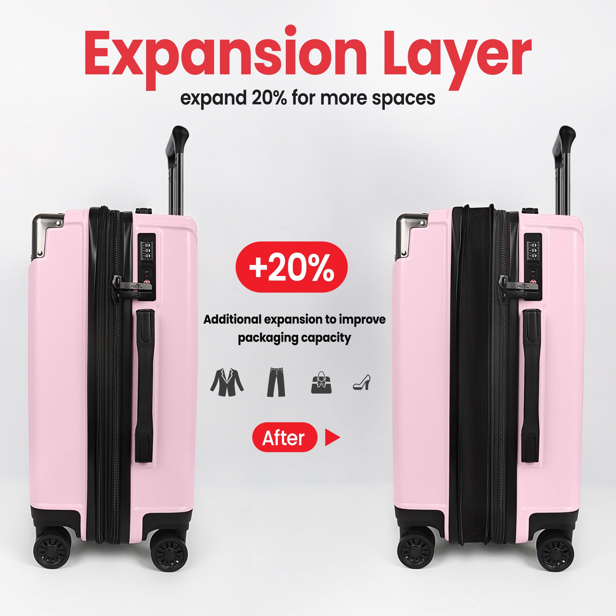 New York Xpress 20" Carry-on Luggage,Expandable Hardshell Spinner Suitcase with TSA Lock, Airplane Approved, Pink - WD576