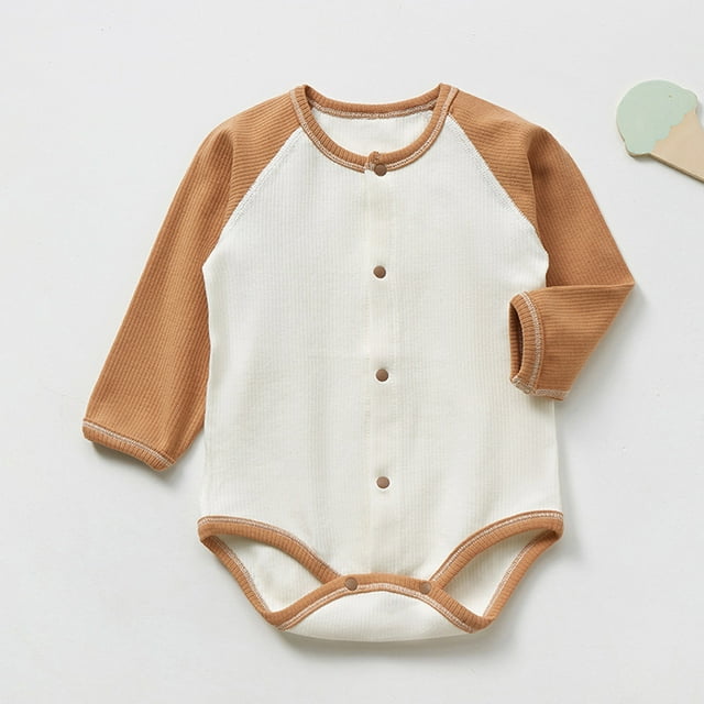 HOZADOIE Unisex Baby Bodysuit Cotton Ribbed Stripes Fashion Simple Crotch Button Opening Design Color Blocked Round Neck Long Sleeve Spring Fall Romper 0Months-1Years