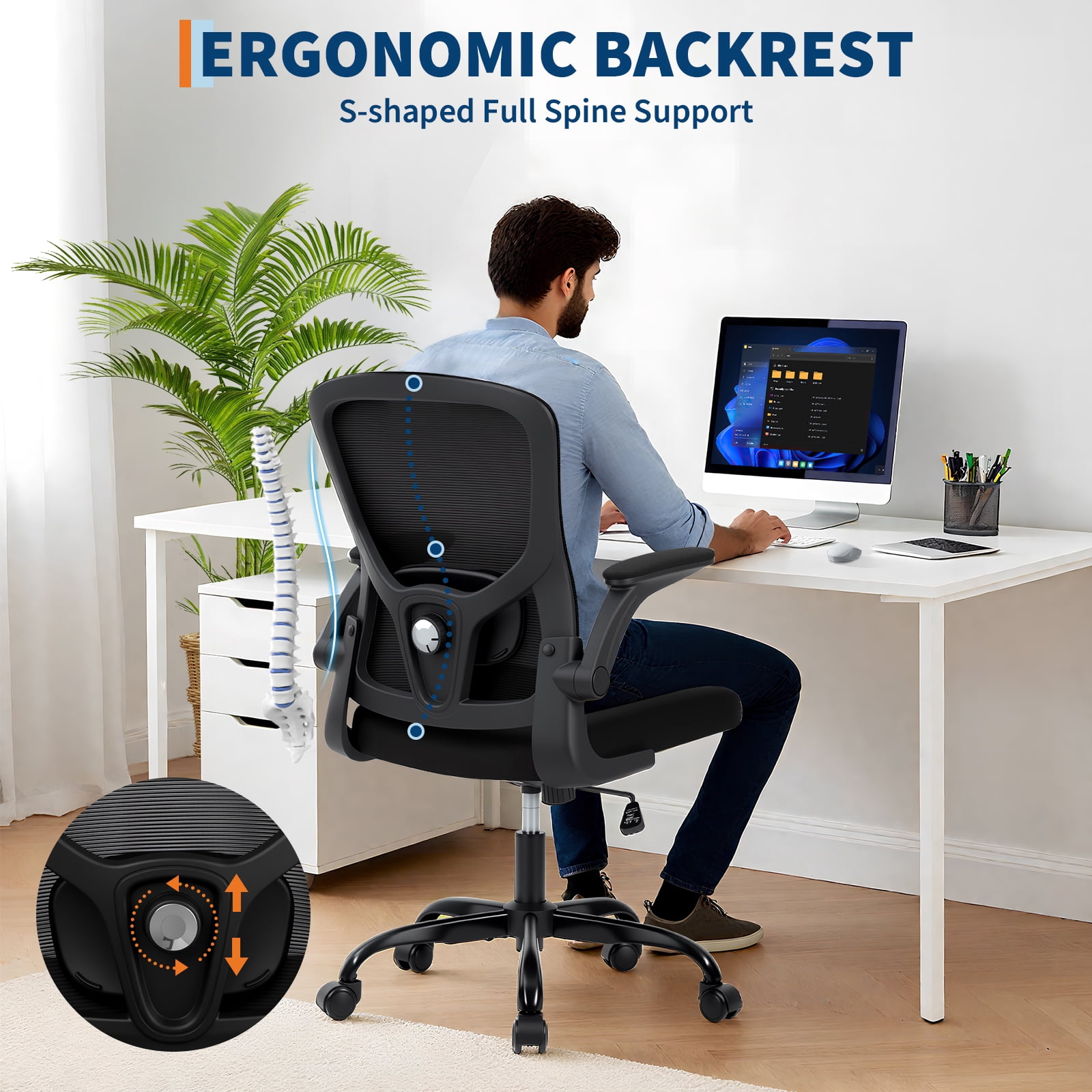Ergonomic Mesh Office Chair – Adjustable Lumbar Support, Turn over-Up Arms, High Back Swivel Desk Chair, Comfortable Rolling Executive Task Chair for Home Office or Study – Black Frame Black Net