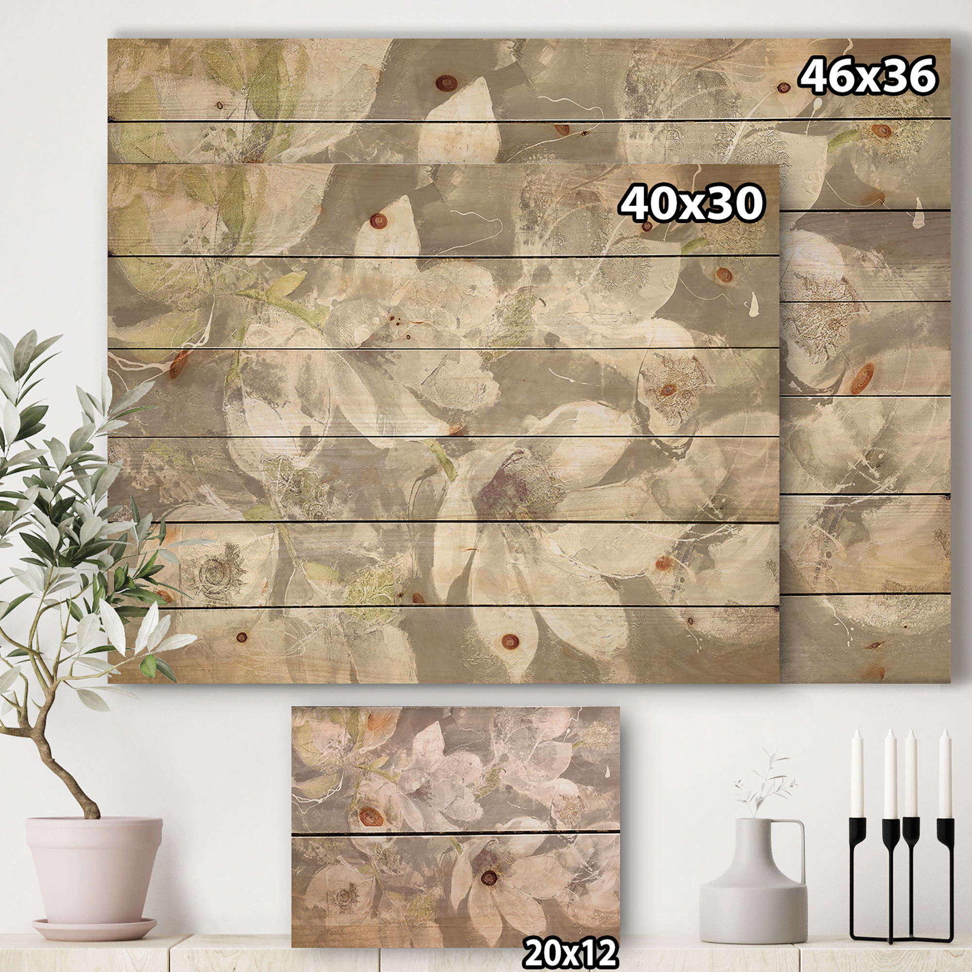 Designart 'Beige And Brown Blossiming Flowers' Farmhouse Print on Natural Pine Wood