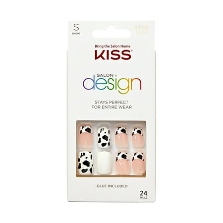 KISS Salon Design Medium Coffin Glue-On Nails, Glossy Light White, 24 Count
