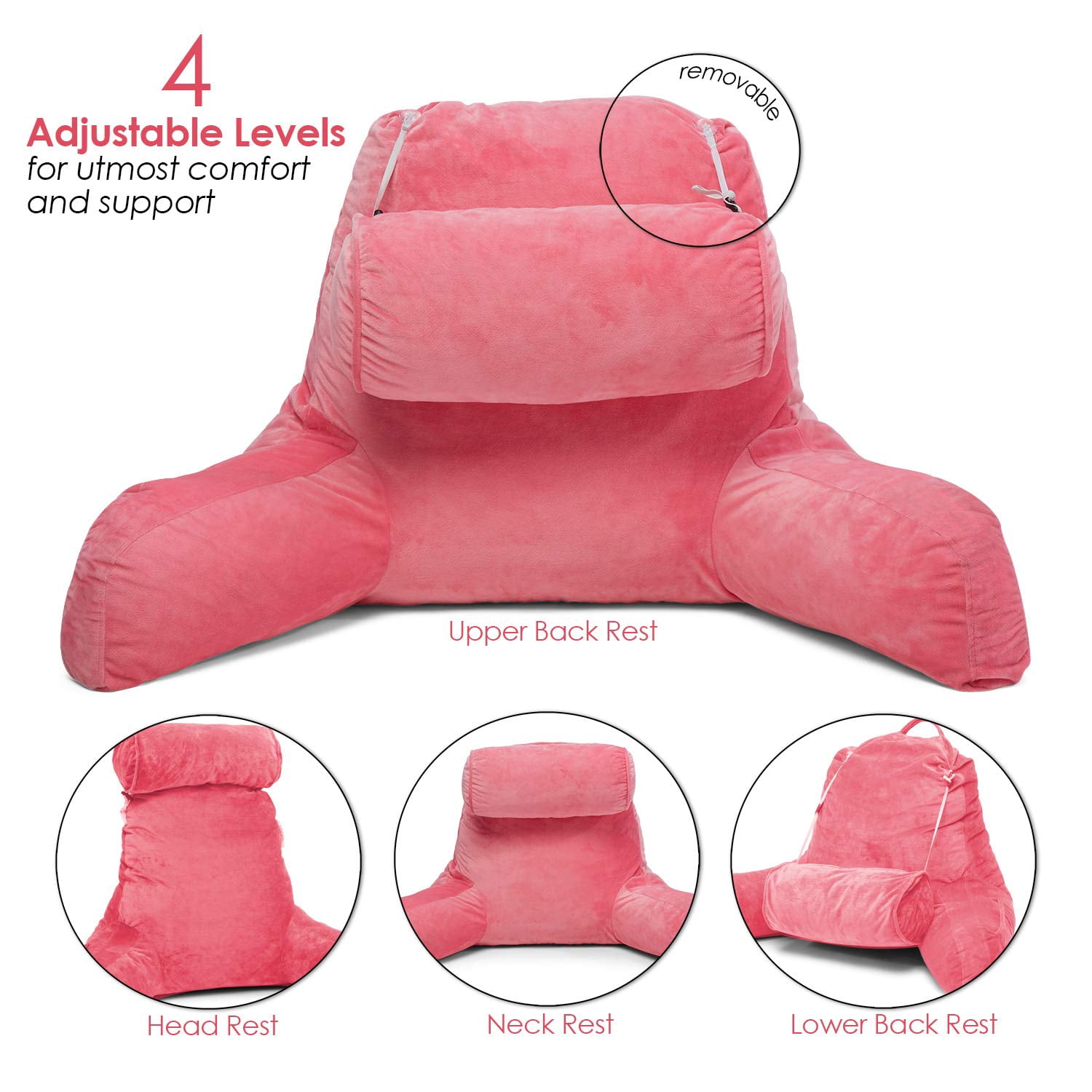 Clara Clark Bed Rest Reading Pillow with Arms and Pockets- Premium Memory Foam Pillow, Large, Pink
