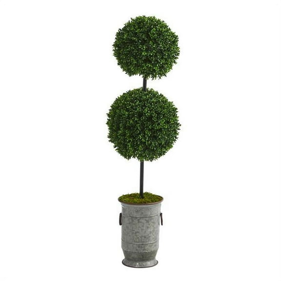 50” Boxwood Double Ball Artificial Topiary Tree in Vintage Metal Planter (Indoor/Outdoor) by Nearly Natural