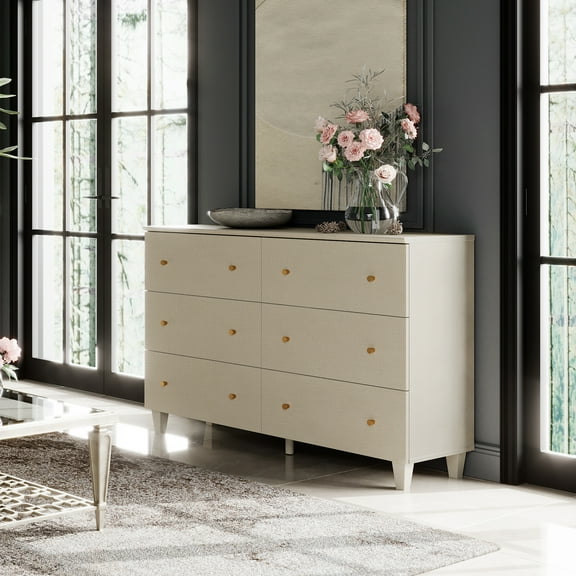 Sideboard with 6 Drawers for Bedroom Living Room, Beige Wood Dresser Freestanding Storage Organizer for Nursery Closets, 32.4" H, 1 Pack