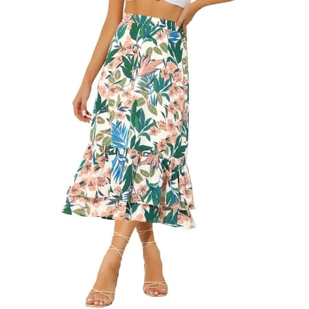 Allegra K Women's Printed Elastic High Waist Ruffled Hem Zipper Midi Skirt