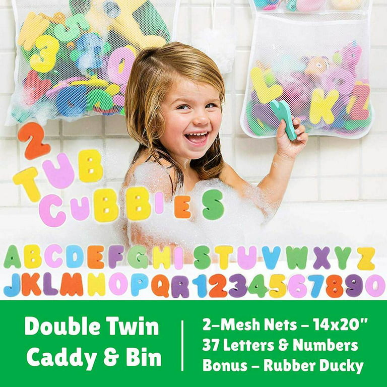 Tub Cubby Original Bath Toy Storage for Baby Toys with Suction & Adhesive  Hooks, 14x20 Mesh Net Shower Caddy for Bathtub Toys, 36 ABC Soft Foam