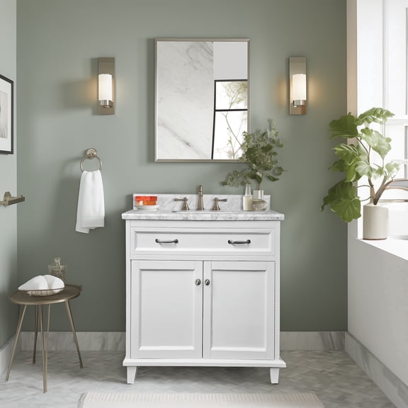 Dreamwerks 30"W x 22.4"D x 35"H White Bathroom Vanity in Solid Wood with Carrara Marble Top