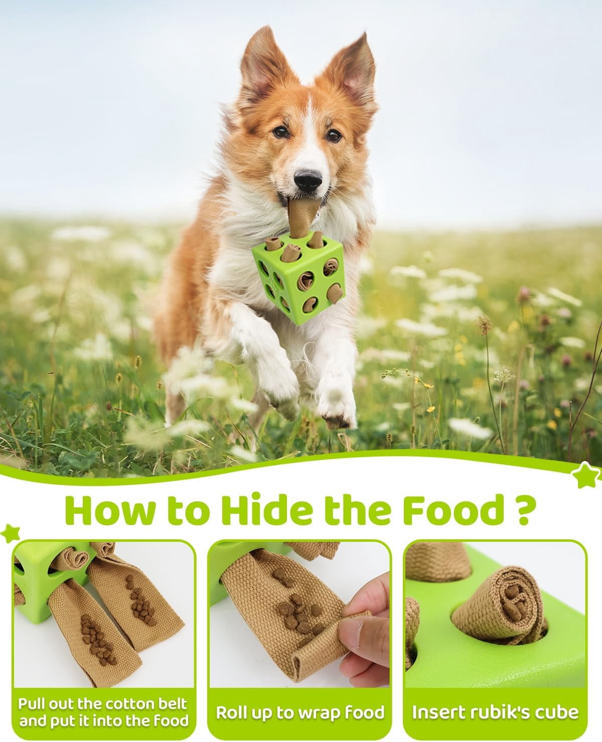 Interactive Dog Puzzle Toy for Natural Foraging Skills, Durable Snuffle Cube with Cloth Strips for Hide & Seek Treats, Slow Feeder for Mental Stimulation and Stress Relief in Green