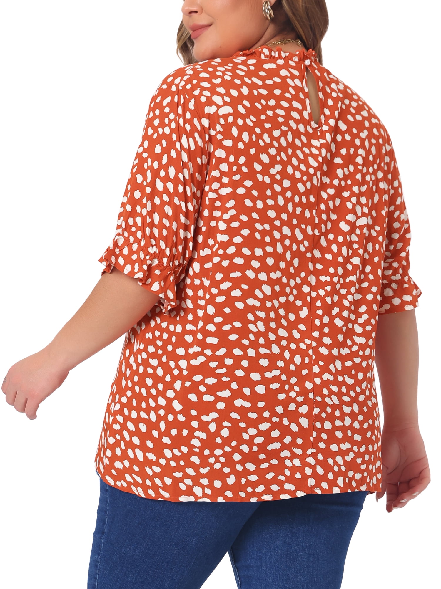 DARING DIVA Women's Plus Polka Dots Print Ruffle Hem Mock Neck Blouse 2X Orange