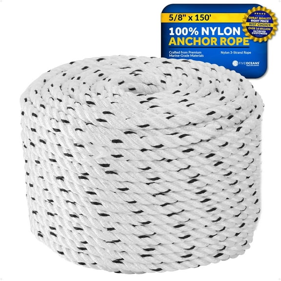 Five Oceans Boat  Rope 5/8 inch x 150 ft - Marine Premium 3-Strand White Nylon - Ideal for Mooring Anchoring Windlasses Towing - FO4488-M150