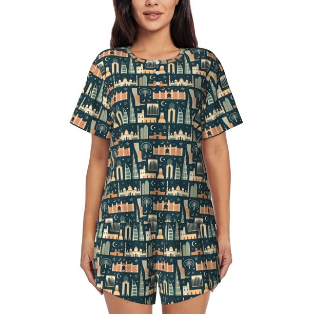 Fotbe UAE Travel1 1 Conjunto de Pijama Estampado para Mujer, 2 Piezas, Ropa de Dormir con Camiseta de Manga Corta y Shorts Suaves-Large