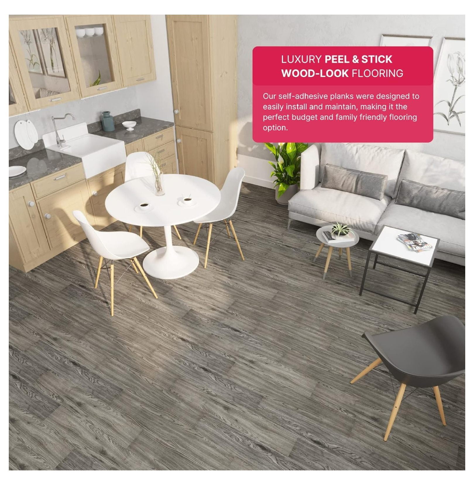 Luxury Vinyl Flooring Tiles-Peel and Stick Floor Tile for DIY Installation-36 Wood-Look Planks-Greyscale-BaseCore-54 Sq. Feet