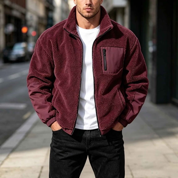 COSFO Mens Fleece Jacket Full Zip Sherpa No Hood Jackets Warm Winter Long Sleeve Stand Colla Solid Color Coats