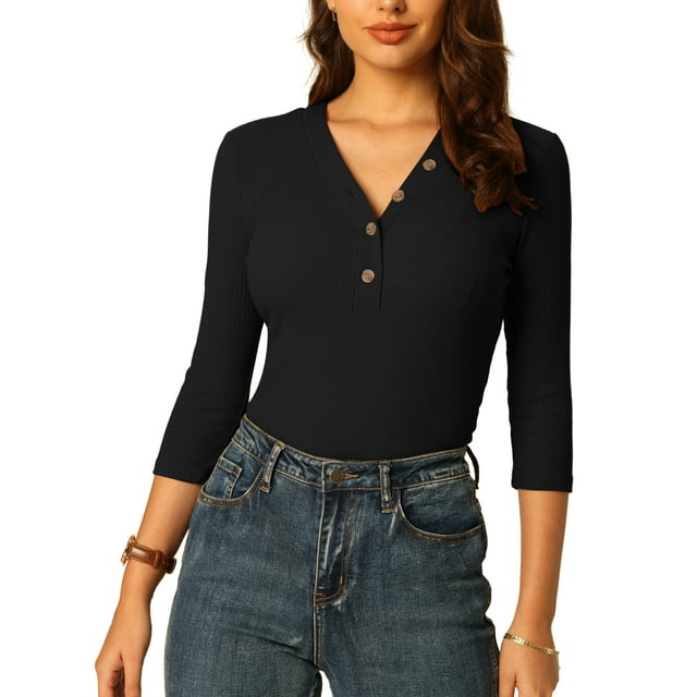INSPIRE CHIC Women's Button V Neck Blouse Basic Long Sleeve Knitted Tops L Black