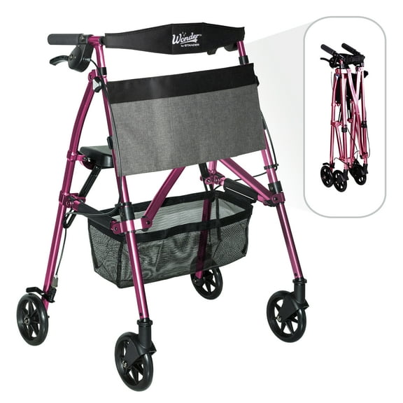Stander Wonder Rollator Plus, Lightweight Folding Walker for Seniors with EZ Fold-N-Go Technology, Four Wheel Rolling Walker with Seat, Locking Brakes, Pink