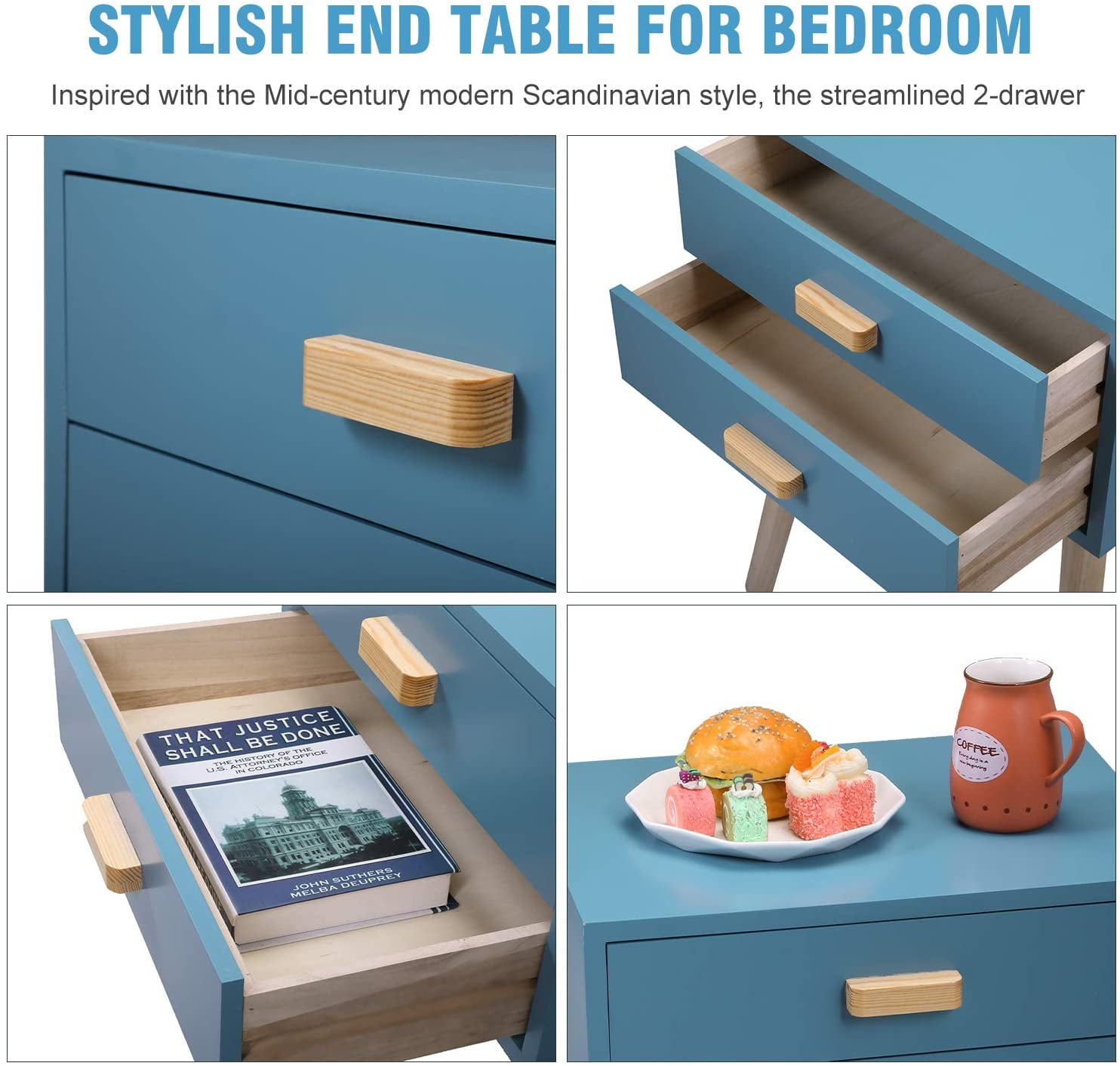 Lowestbest 2Pcs Bedside End Table, Nightstand Bedroom Decor Furniture with 2 Drawers, Blue Lowestbest 2Pcs Bedside End Table, Nightstand Bedroom Decor Furniture with 2 Drawers, Blue