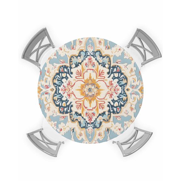 nqOlkjepod Blue Brown Boho Round Tablecloth, Fitted Table Cover with Elastic for 36"-44" Round Tables, Vintage Abstract Art Etnic Table Cloth Outdoor Indoor Dinning Party Waterproof Tablecloths