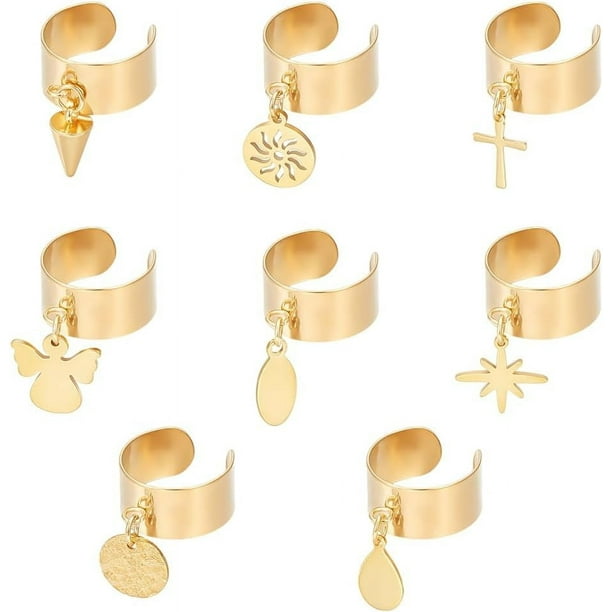 Anillo de acero inoxidable con dijes de ángel redondos, 8 piezas, 8 estilos, ajustable, para mujer, dorado