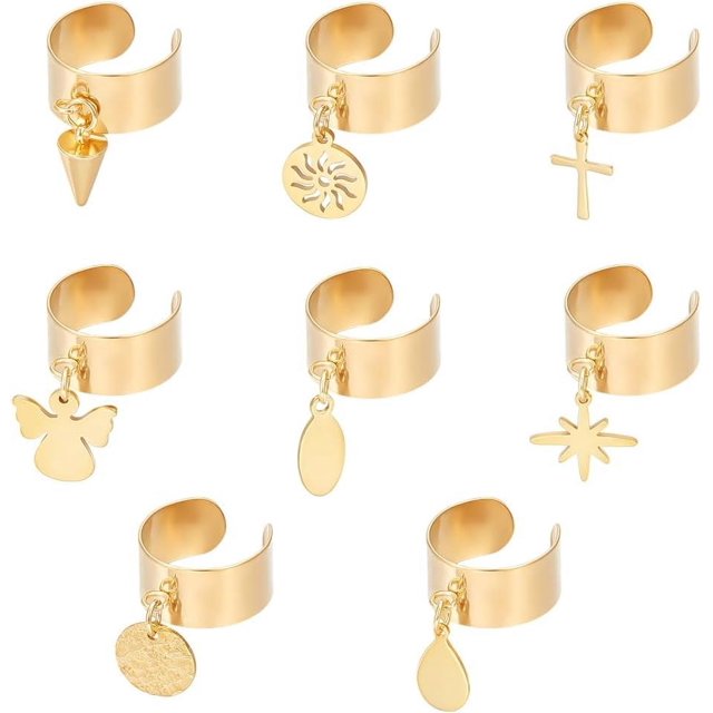 Anillo de acero inoxidable con dijes de ángel redondos, 8 piezas, 8 estilos, ajustable, para mujer, dorado