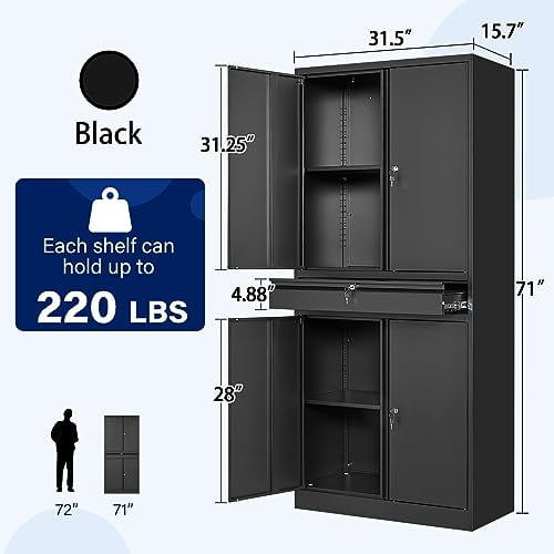 Yizosh Metal Garage Storage Cabinet with Locking Doors and Adjustable Shelves, Tool Storage Cabinet with 1 Drawer - 71" Steel Locking Cabinet for Garage, Warehouse (Black)