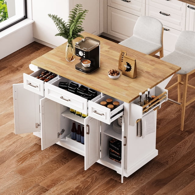 K&K 47" White Kitchen Island - Rolling Cart with Drop Leaf & Storage