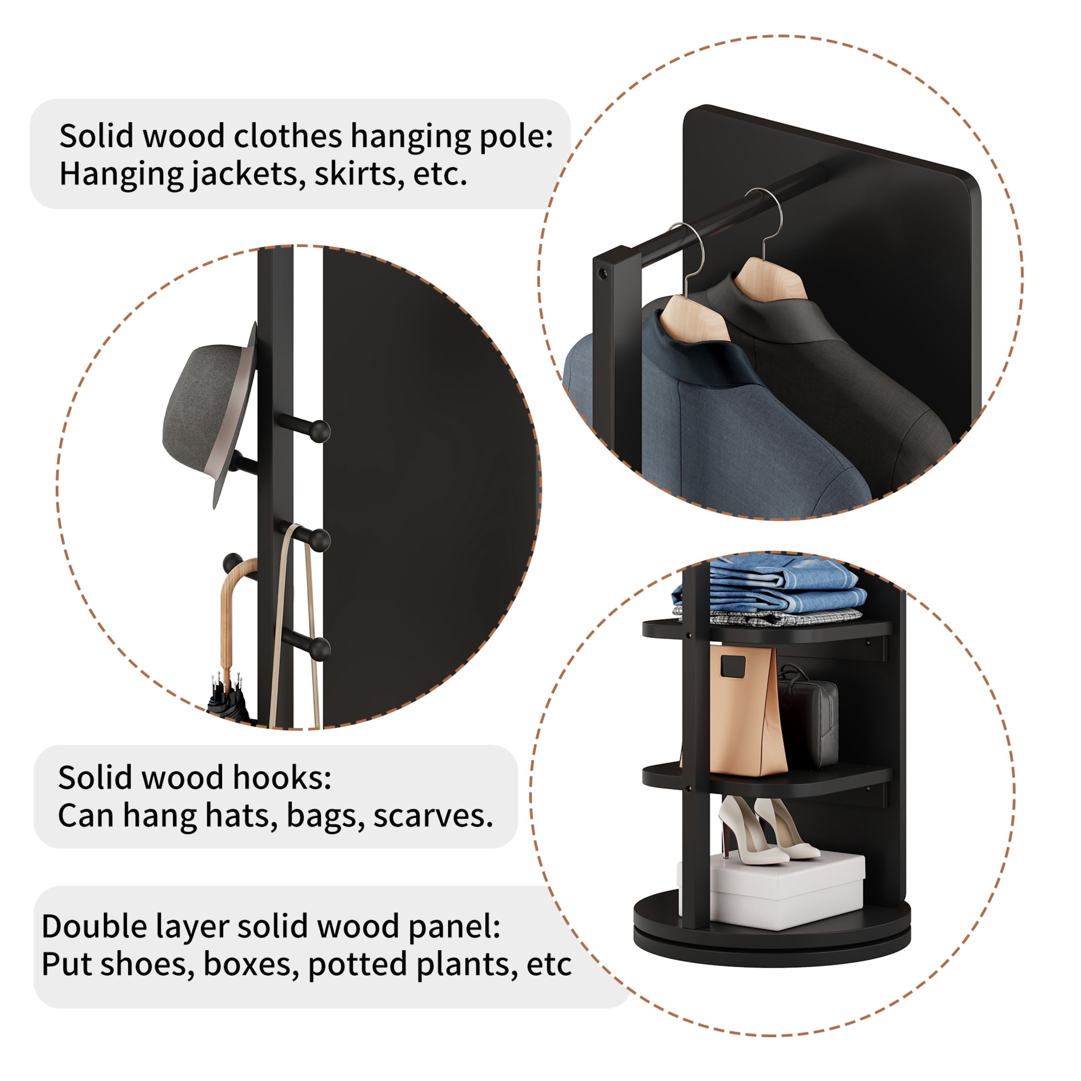 Noble House Gunther 360° Rotating Full-Length Mirror Coat Rack, Solid Rubberwood, for Small Space, Large, Black