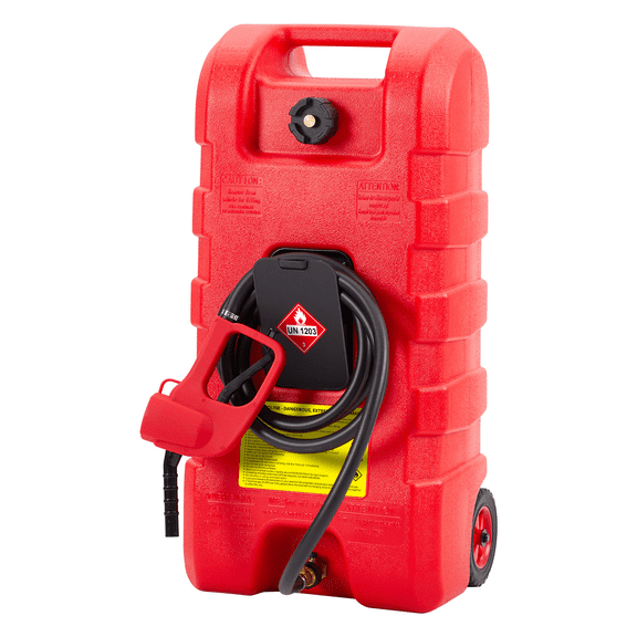 JoanKaren Industrial Portable Fuel Tank 15 Gallon Container Caddy Tank with 10-Foot Hose,Wheeled Utility Transfer Tank,Red