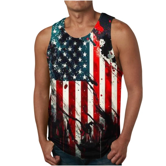 Lilgiuy Hawaiian Tank Tops for Men Independence Day Print Tank Top Casual Sports Sleeveless Round Neck T-shirt Tank Top Outwear(Black,4XL)