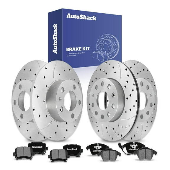 AutoShack Front Vented & Rear Solid Drilled & Slotted Silver Zinc Coated Brake Rotors   Ceramic Pads 12-PC Brake Kit Replacement for 2007-2009 Volkswagen Jetta SilverShield Pro