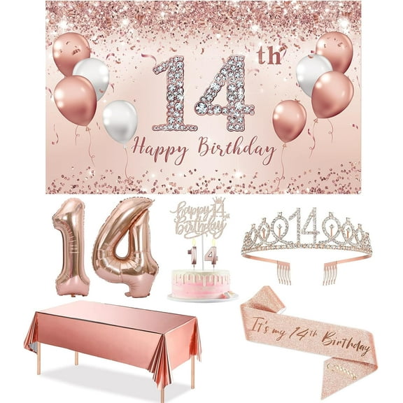 14th Birthday Decorations Party Set for girls, Rose Gold 14 Birthday Banner and Tablecloth, 14 & Fabulous Sash and Tiara, 1PC Happy 14th Birthday Cake Topper, Pink Gold 14 Number Balloons
