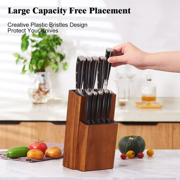 Universal Knife Block without Knives, Acacia Wood Knife Holder/Knife Organizer with Removable Plastic Bristles for Kitchen Counter Knife Storage Rack