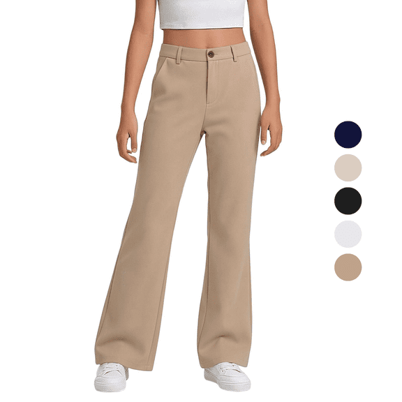 Liyamei Girls School Uniform Pants Elastic Waist Twill Bootcut Trousers Everyday Wear for 5-16 Years