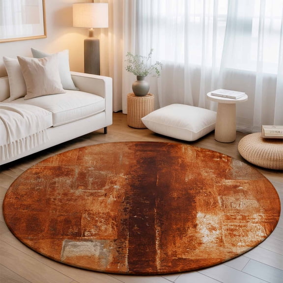 Round Area Rugs 3.3Ft, Burnt Orange Non-Slip Washable Circle Rugs Carpet, Retro Oil Painting Modern Abstract Art Aesthetics Indoor Outdoor Rug Floor Mats Throw Runner for Bedroom Living Room Bathroom