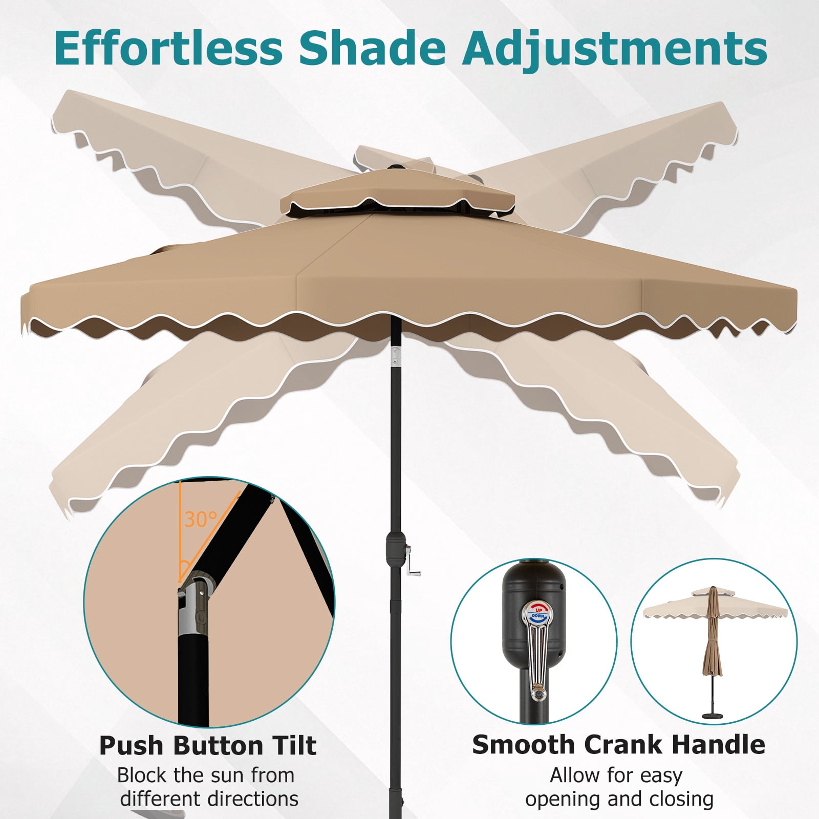 Gymax 9 FT Patio Umbrella w/Push Button Tilt & Crank 2-Tier Vented Top 8 Metal Ribs Brown