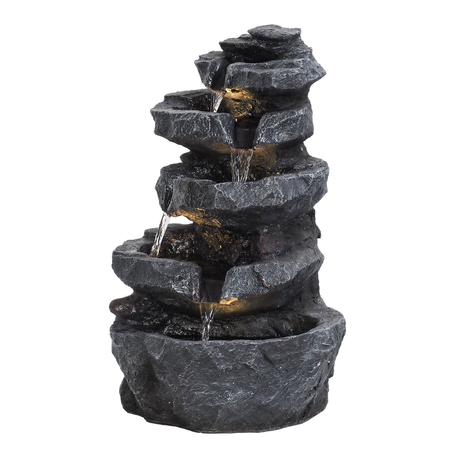 5-Tiered Cascading Rock, 22" High Outdoor Garden Waterfall with LED Lights And Pump, Resin Water Fountain for Garden, Patio, Yard, Deck Decor