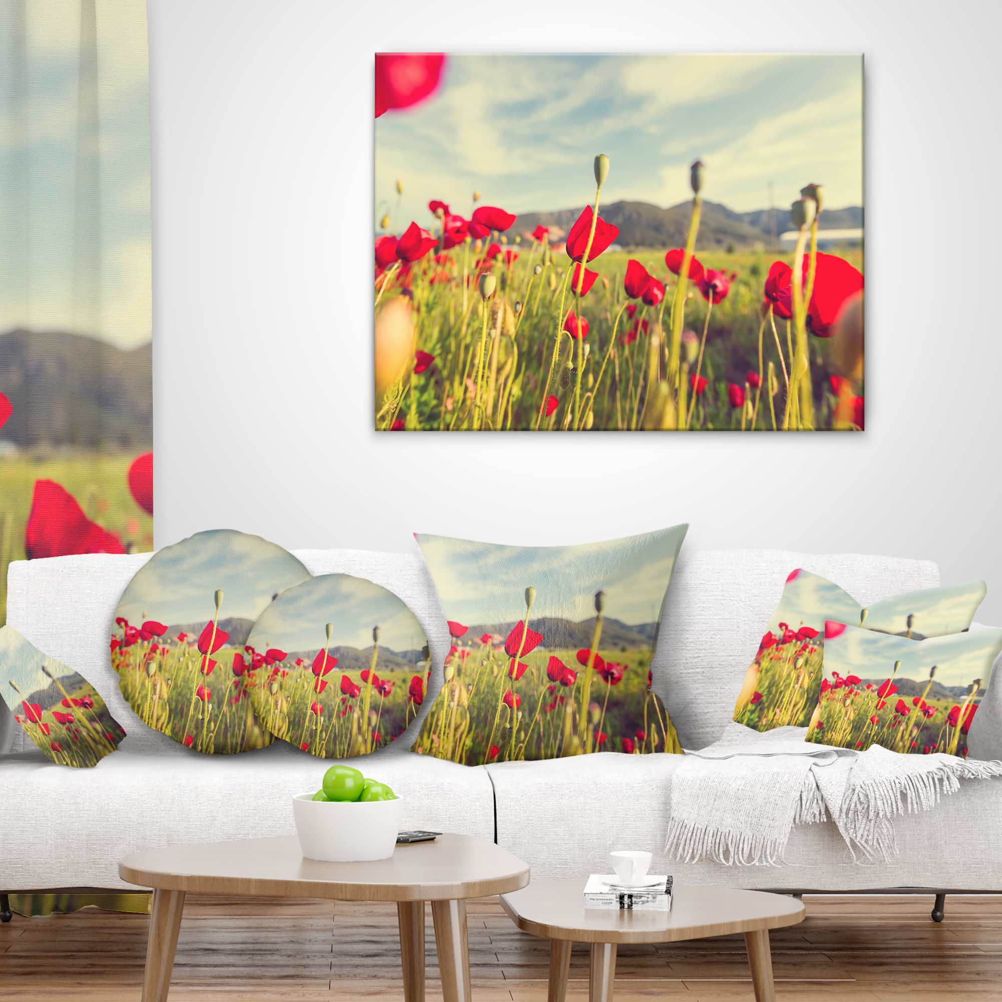 Designart Wild Red Poppy Flowers in Field - Flower Throw Pillow - 18x18