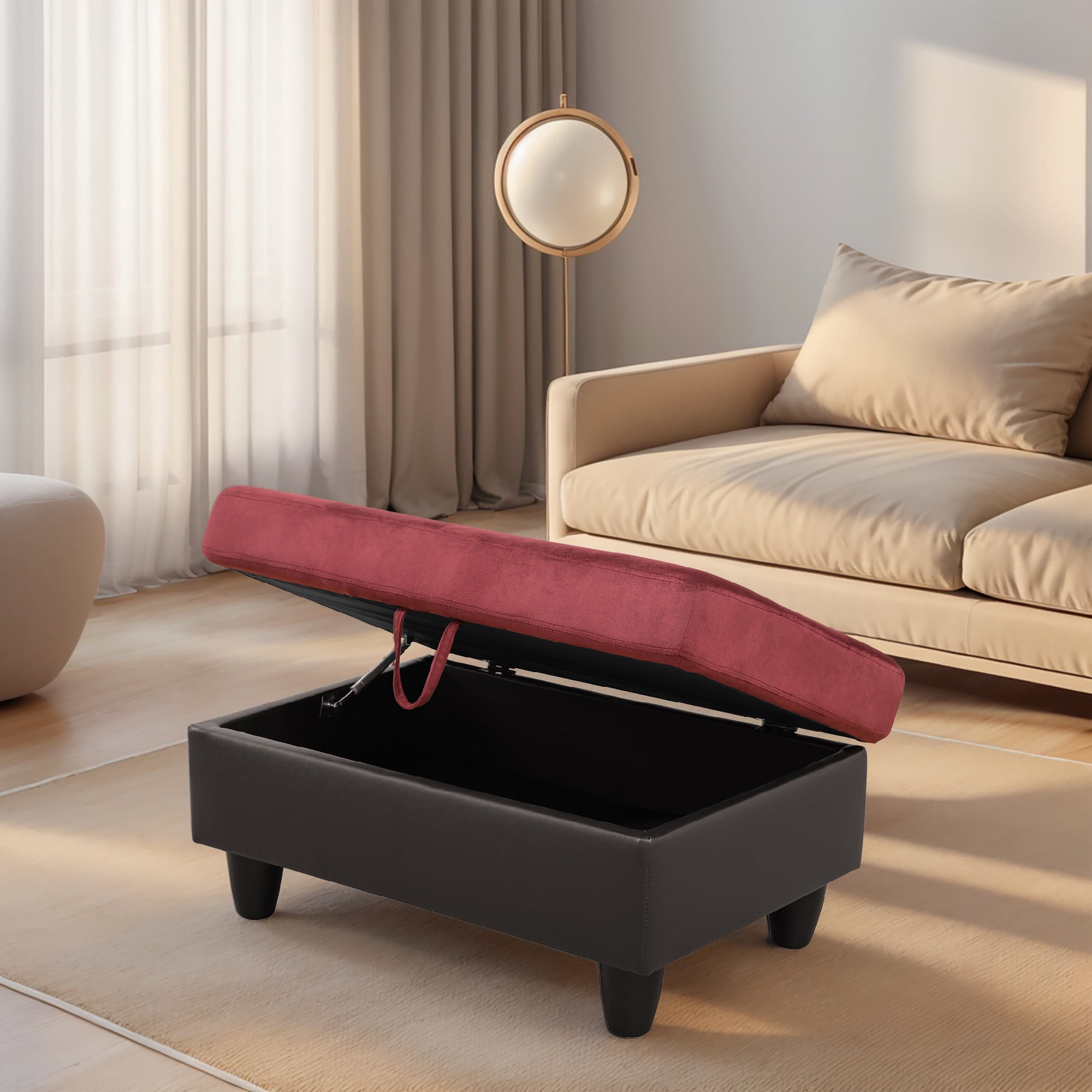 Flannel and PVC Storage Ottoman for Living Room