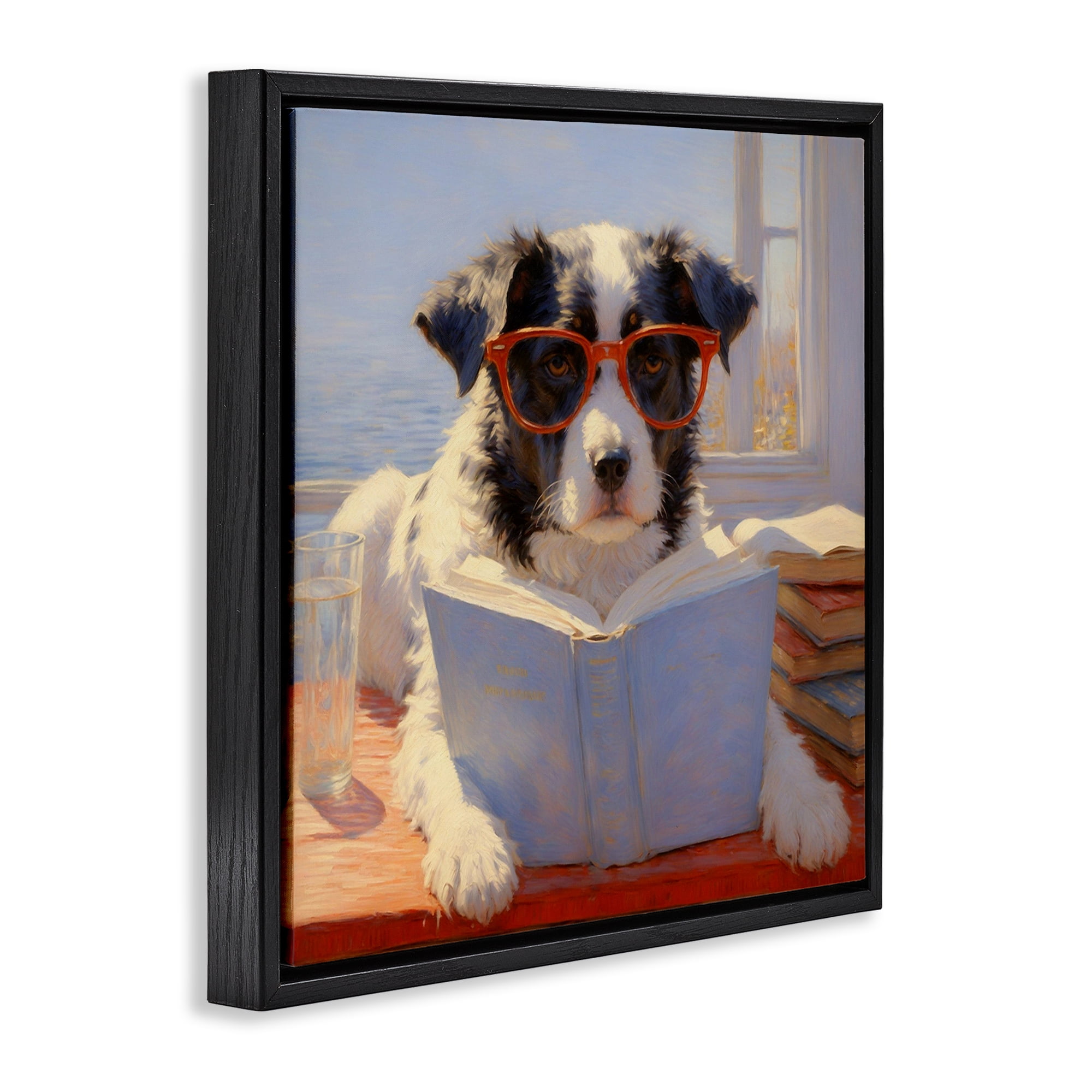 Stupell Industries Sunlit Dog Reading By Window Black Framed Floater Canvas Wall Art, design by Angie Hawke