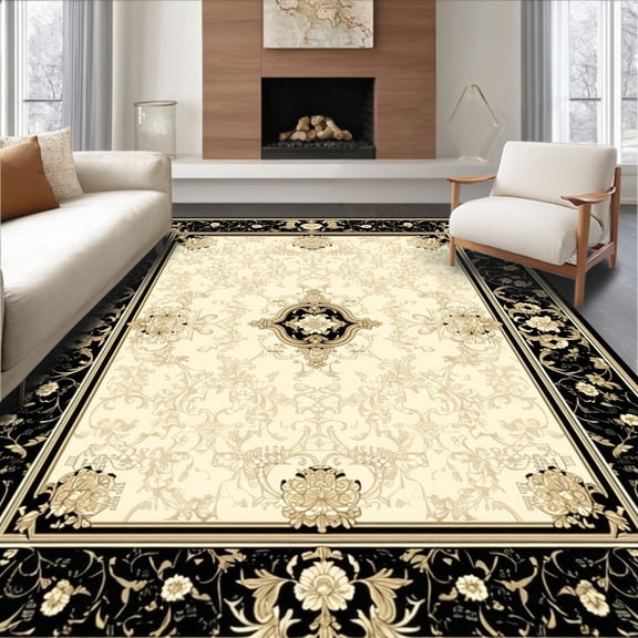 Flatwoven High Traffic Area Rug, Beautiful Area with Classic Black and Beige Decorative Elements, Non Slip, Stain Resistant, Washable Area Rugs for Living Room, Bedroom(Beige, 4X6)