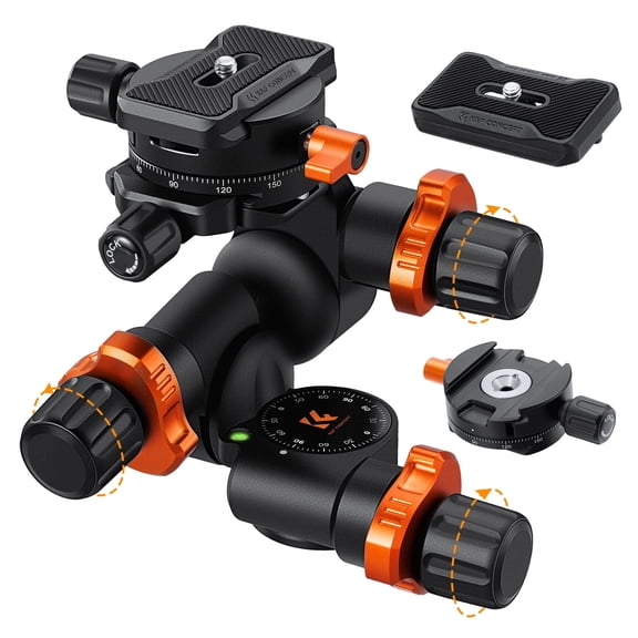 K&F CONCEPT Geared Tripod Head, 360°Panoramic 3-Way Ballhead with Quick Release Plate, 6KG Load-bearing for Macro, Star Shooting, Commercial Photography