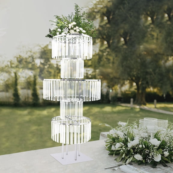 5 Tier Silver Centerpieces Crystal Flower Vases, 43.3in Tall Acrylic Iron Round Flower Vase with Spiral Chandelier Pedestal for Wedding Reception, Birthday Party, Home Decoration