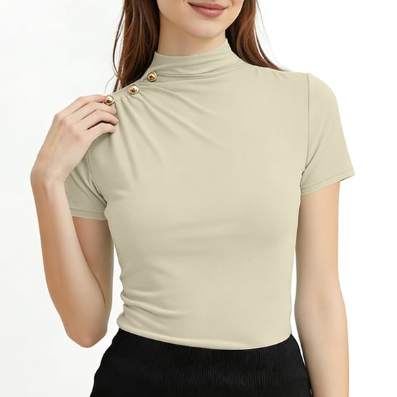 Sexlip Womens Short Sleeve Mock Neck Top Form Fitting Design Stretchy Fabric Casual Silhouette for Night Out Beige XL