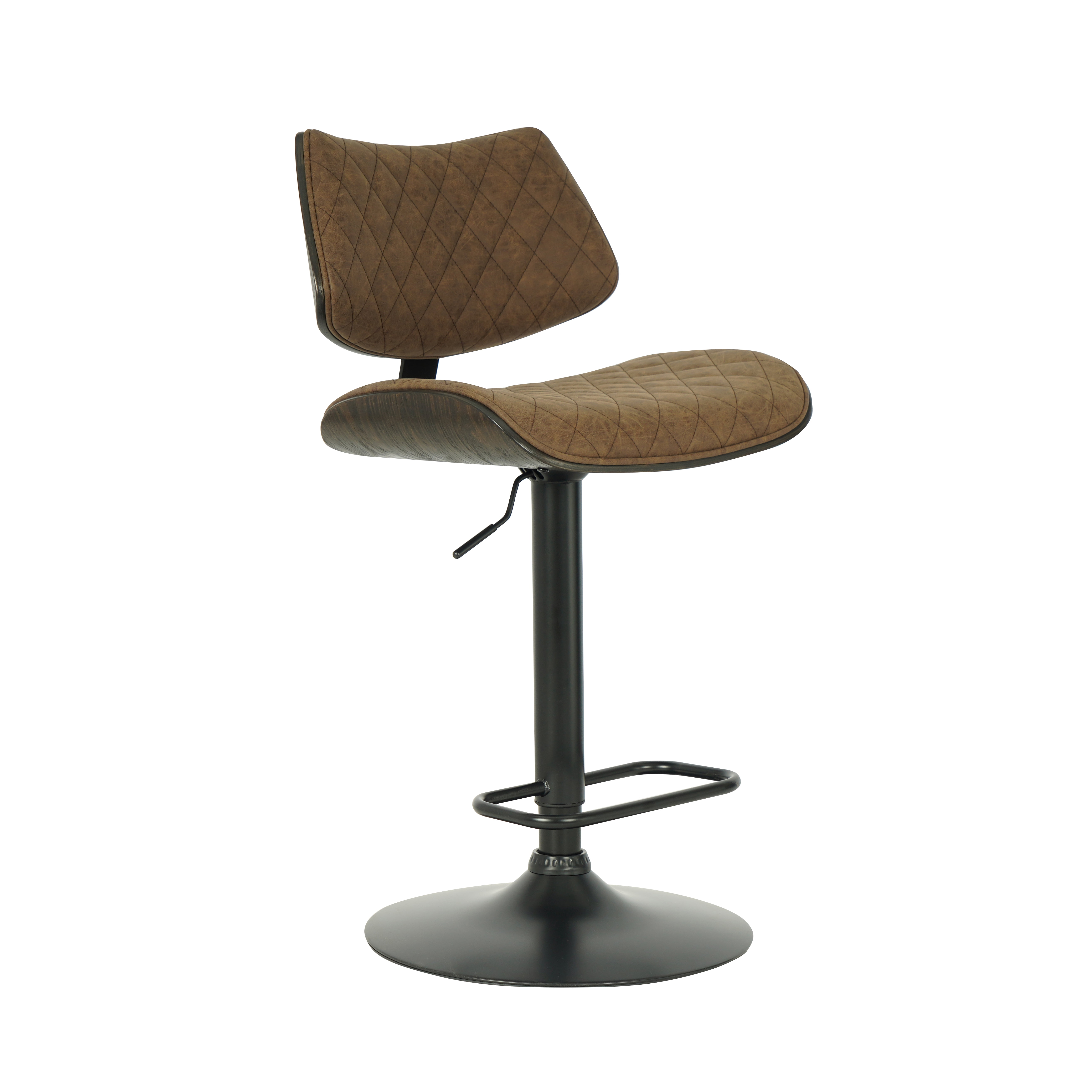 Leland Adjustable Swivel Vintage Dark Brown Curved Back Wood Bar Stool with Faux Leather Seat