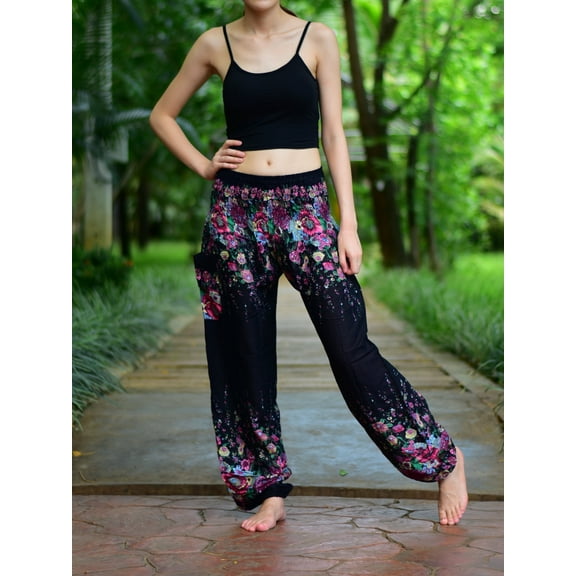 Bohotusk Black Floral Print Elasticated Smocked Waist Womens Harem Pants S/M to 3XL