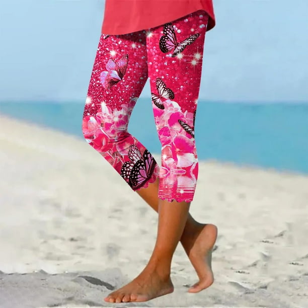 ICHUANYI Clearance Women's Summer Casual Elastic Waist Printed Cropped Beach Pants(Hot Pink, S) ICHUANYI WER2023080902239