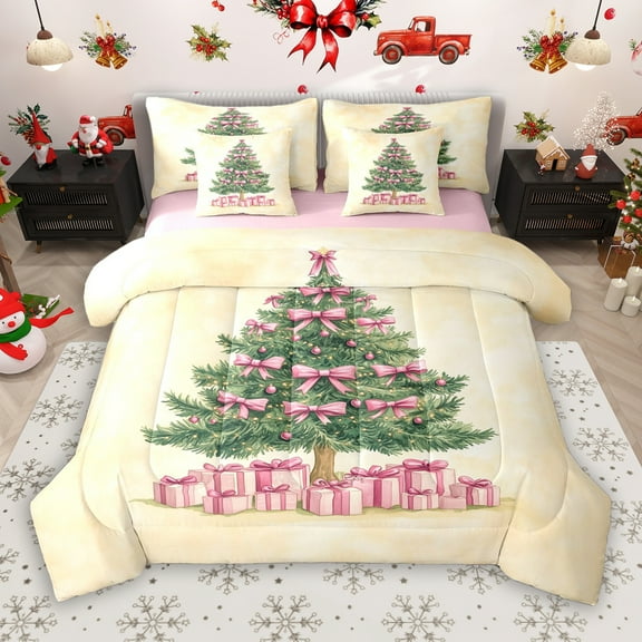 Manfei Bowknot Xmas Tree 7-Piece Twin Bedding Sets for Teen, Dreamy Fairy Tale Bedding Comforter Set, Merry Christmas Reversible Sheet Sets, Microfiber Bedroom Decor