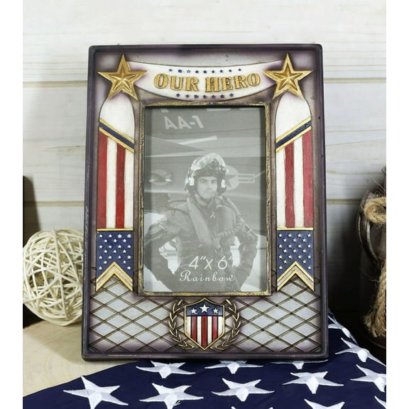Military Patriotic USA Flag Star Veteran Memorial Our Hero 4"X6" Picture Frame